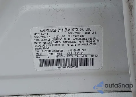 2013 Infiniti G37X z USA, uszkodzony, nr VIN JN1CV6AR5DM355536